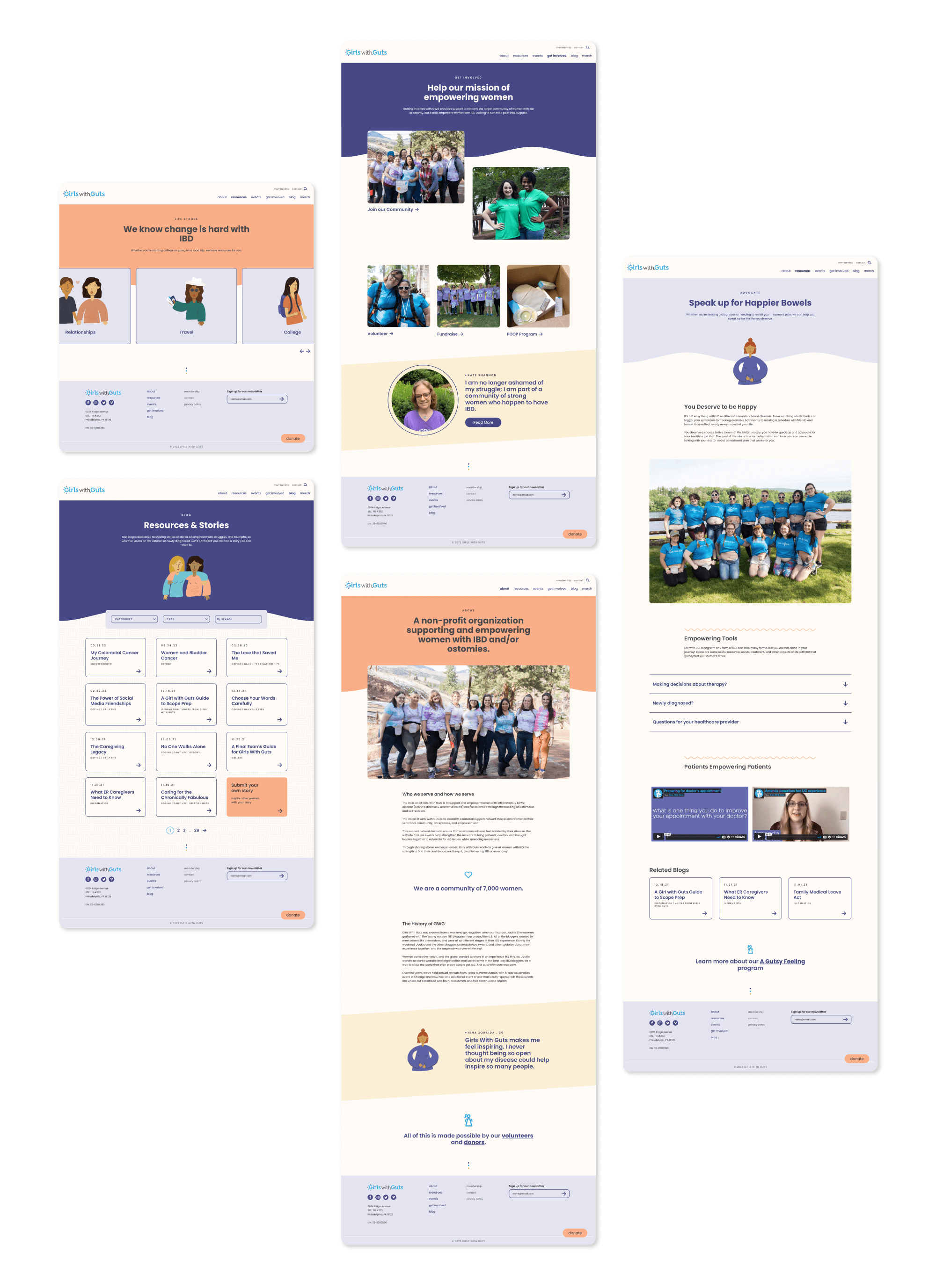 A collage of five website pages featuring diverse groups of people, testimonials, stories, and resources. The pages use soft purple, orange, and neutral tones with sections for help, stories, expert advice, and user submission forms.