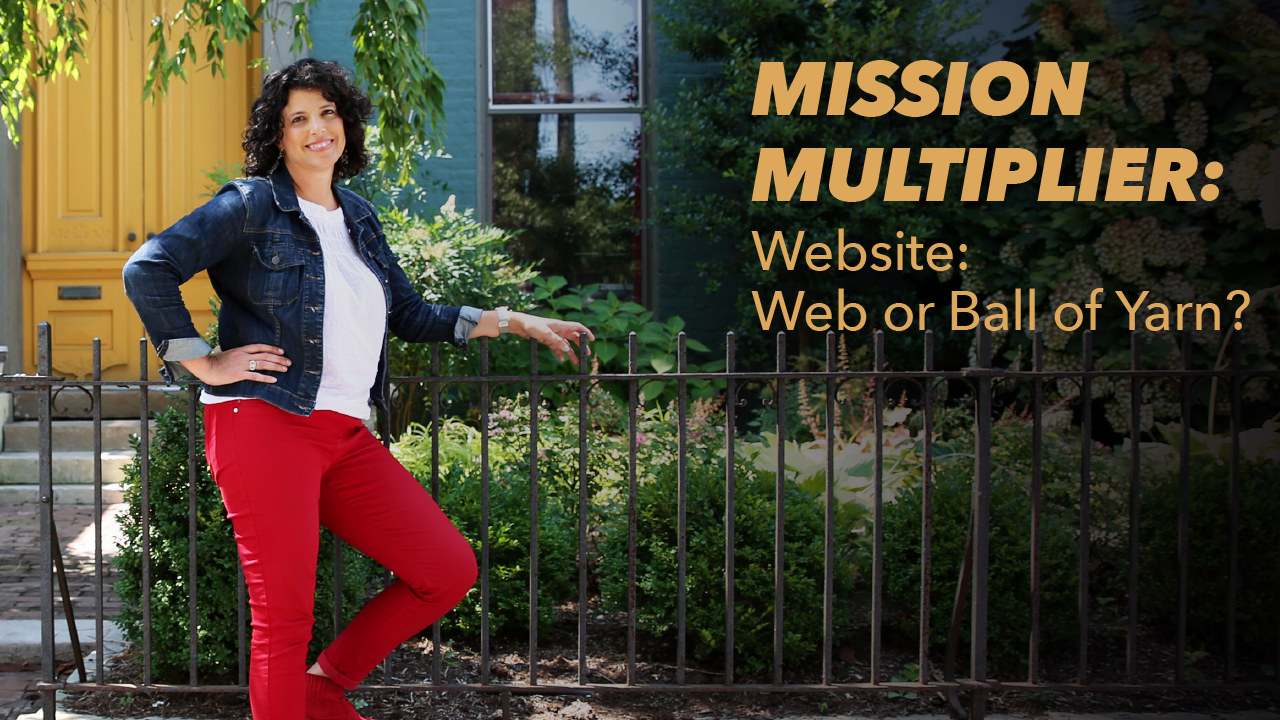 A woman in a denim jacket and red pants stands by a black metal fence outside, smiling. Text reads: “MISSION MULTIPLIER: Website: Web or Ball of Yarn?”.