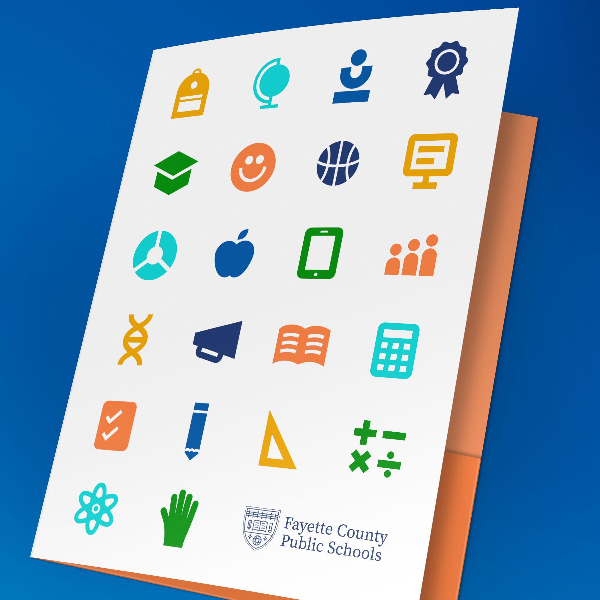 A folder featuring colorful icons representing education, such as a globe, computer, apple, graduation cap, calculator, and more, with the Fayette County Public Schools logo at the bottom.