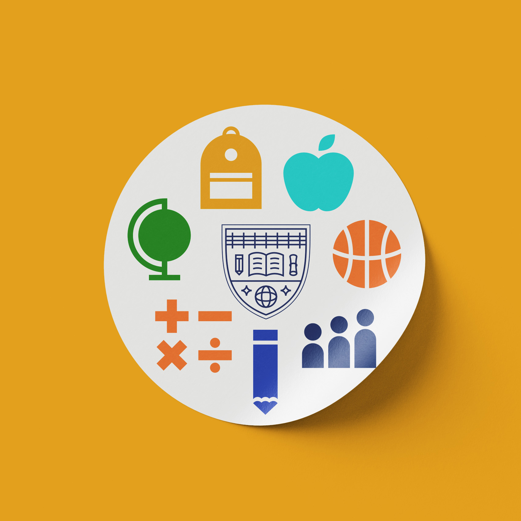 A white circle on an orange background features icons representing school: a backpack, green globe, apple, math symbols, pencil, basketball, blue people, and a school crest with books and a globe.