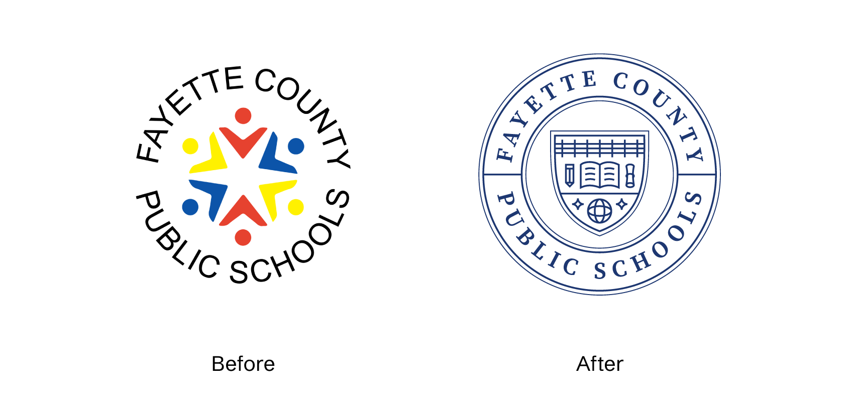 Image showing two logos for Fayette County Public Schools. The Before logo is colorful with abstract people around a star, while the After logo is blue, circular, and seal-like with a book, diploma, and globe.