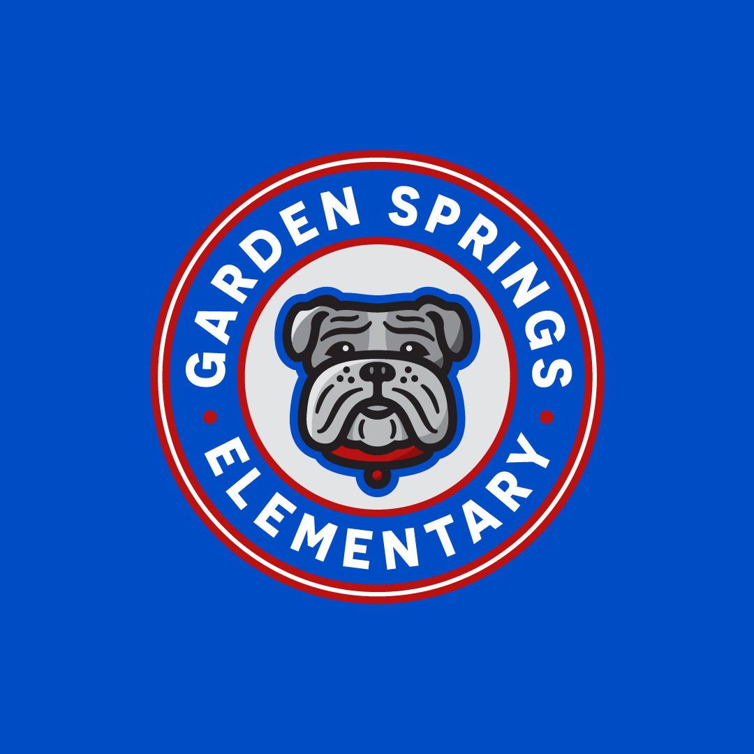 A circular logo with a cartoon bulldog face in the center, surrounded by the words Garden Springs Elementary in white letters on a blue background with red and white borders.