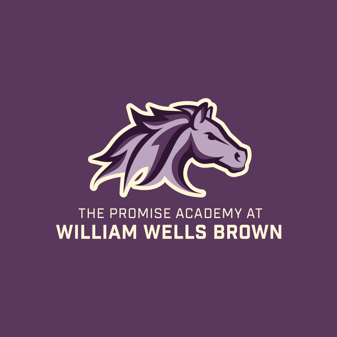 A stylized purple horse head logo above the text The Promise Academy at William Wells Brown on a solid purple background.