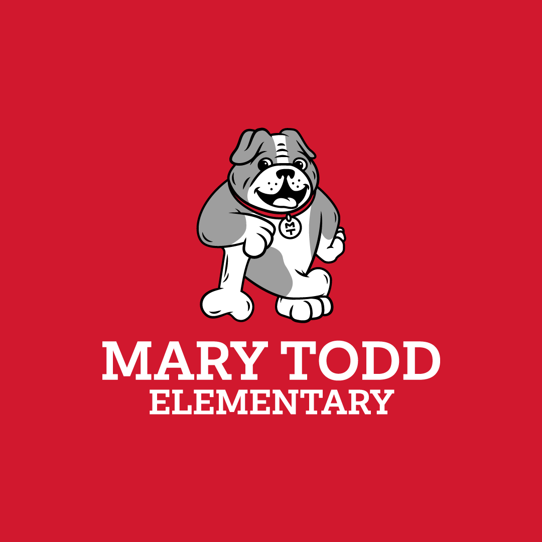 A cartoon bulldog wearing a red collar stands above the white text Mary Todd Elementary on a solid red background.
