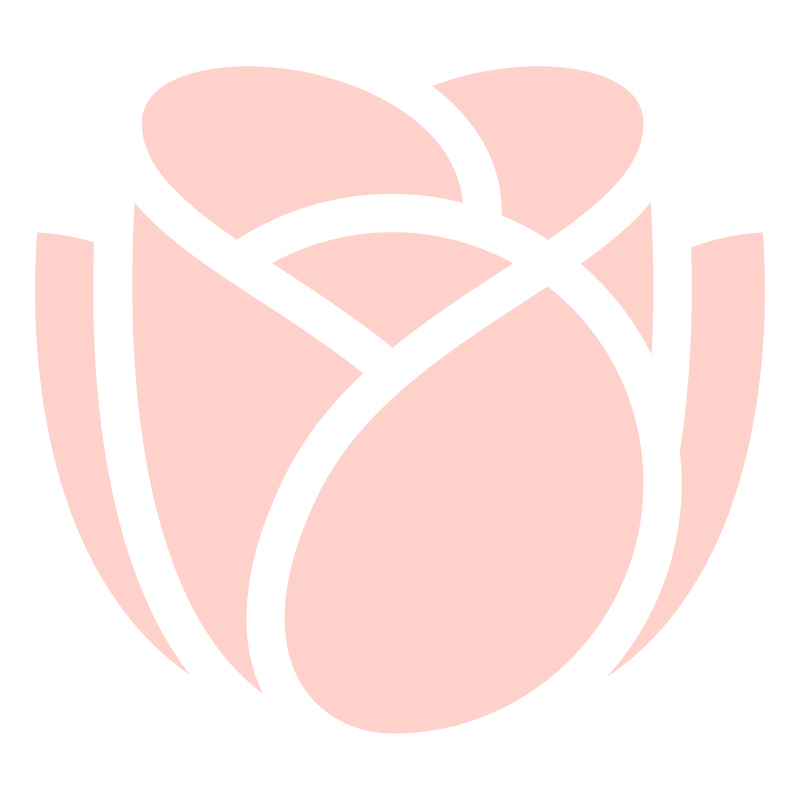 A simple, stylized pink rose illustration with bold, curved lines forming the petals on a white background.