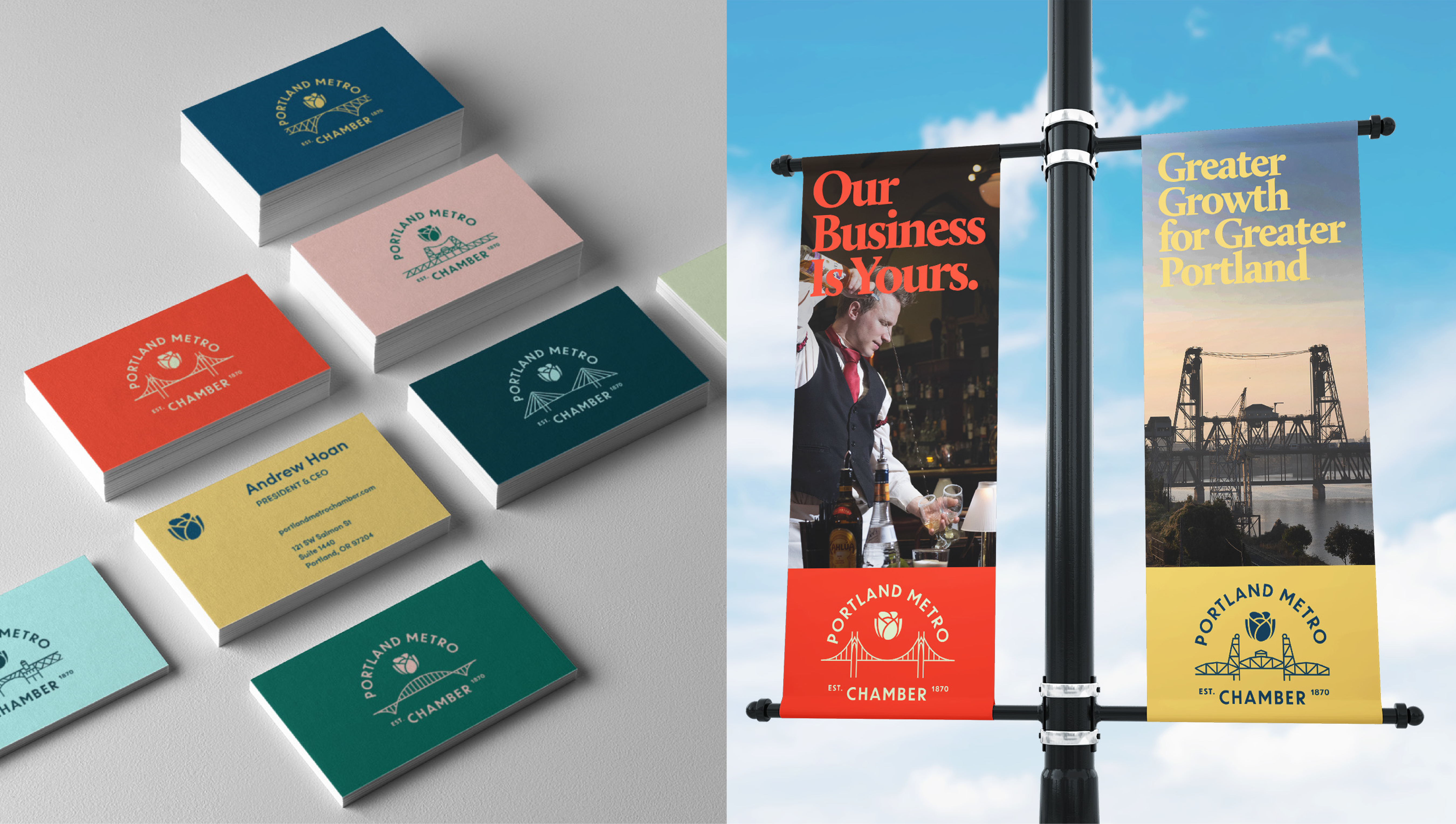 Colorful business cards with Portland Metro Chamber branding are displayed on the left. On the right, two street banners advertise the chamber, featuring business and city imagery against a blue sky.