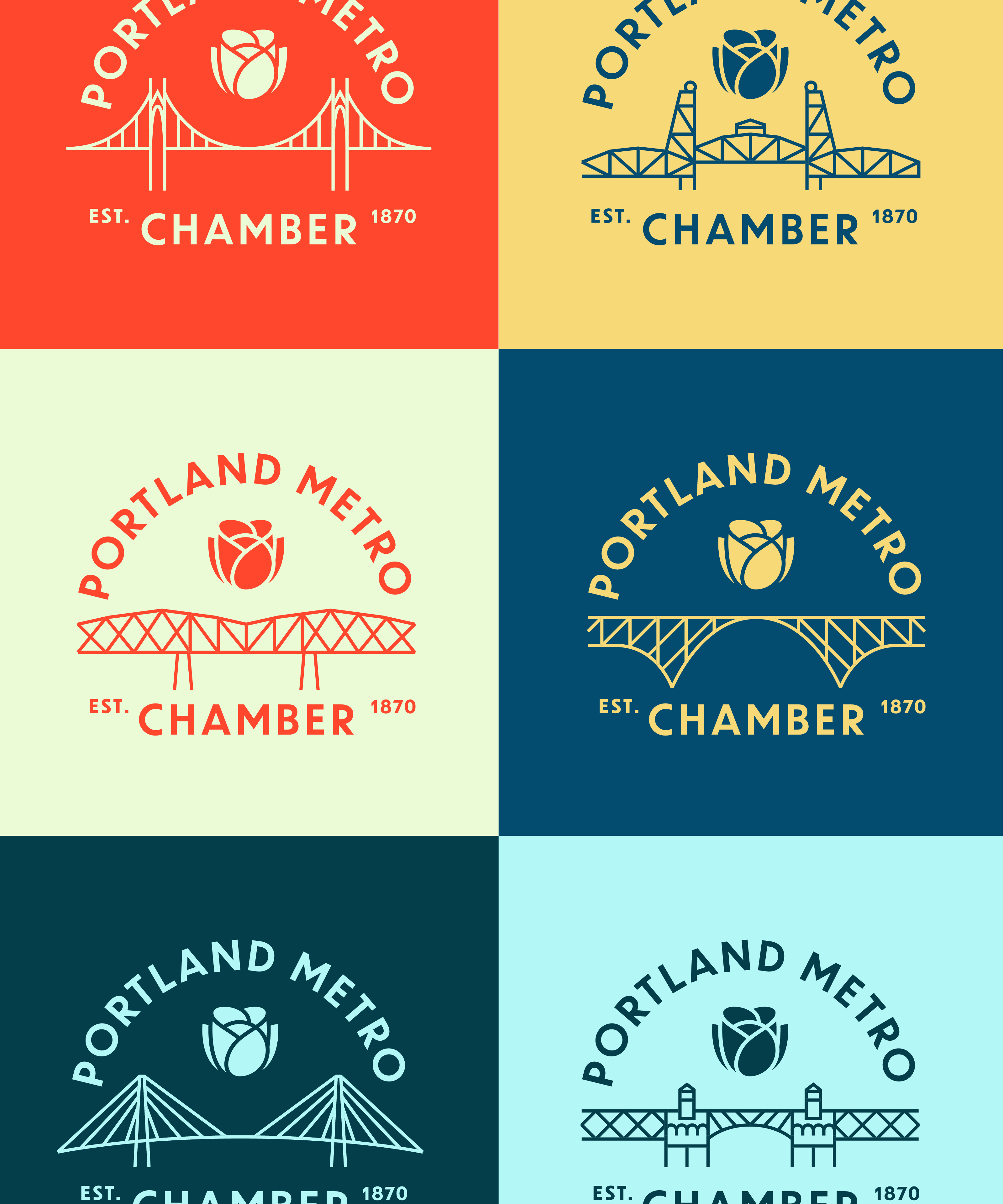 Six graphic logos for the Portland Metro Chamber, each with a stylized rose, a bridge illustration, and Portland Metro Chamber Est. 1870 on different colored backgrounds.