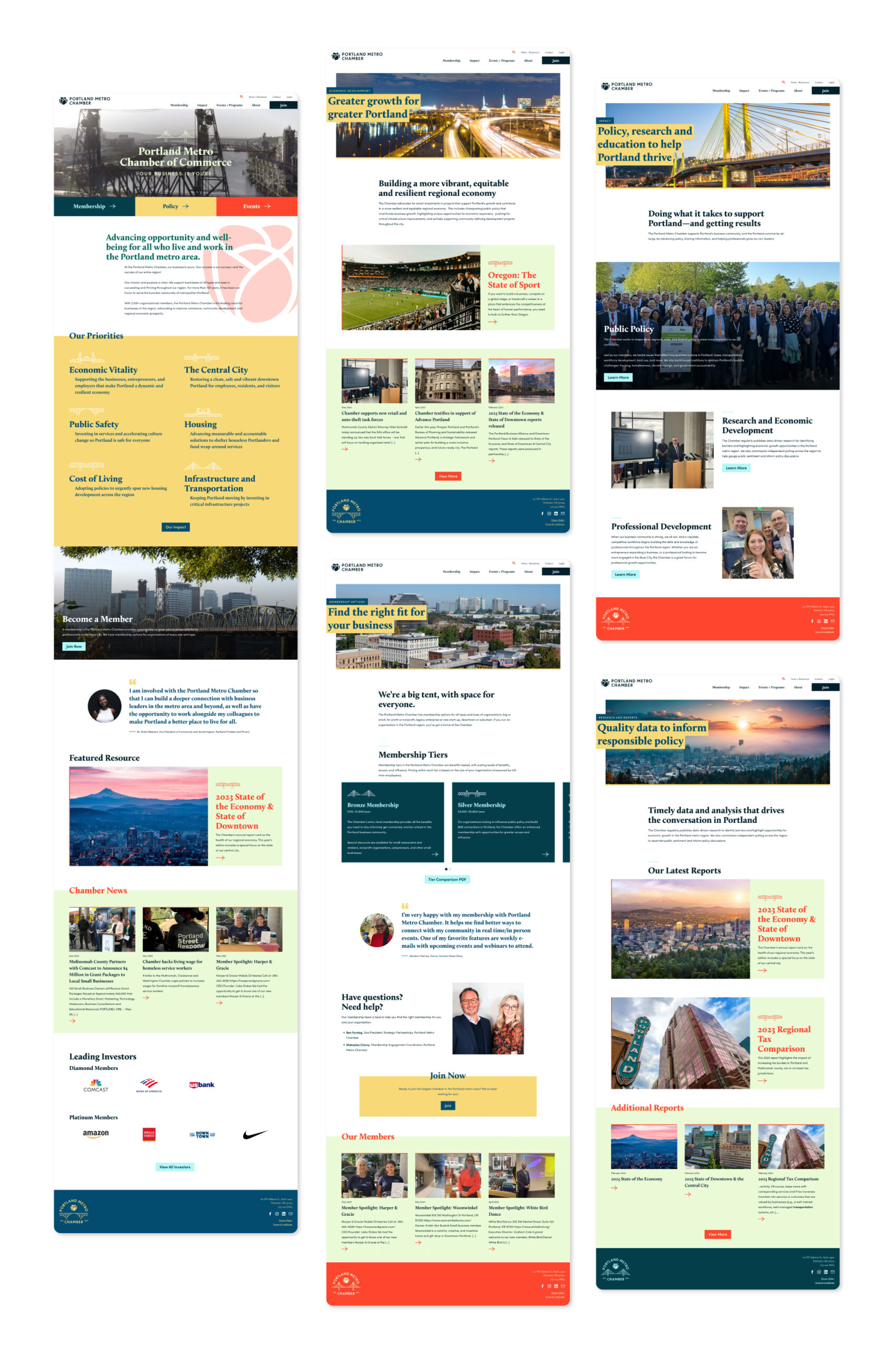 A collage of nine website page mockups featuring sections for policy, events, news, reports, membership, photos, text blocks, and navigation menus, using blue, yellow, and white color themes with cityscape images.