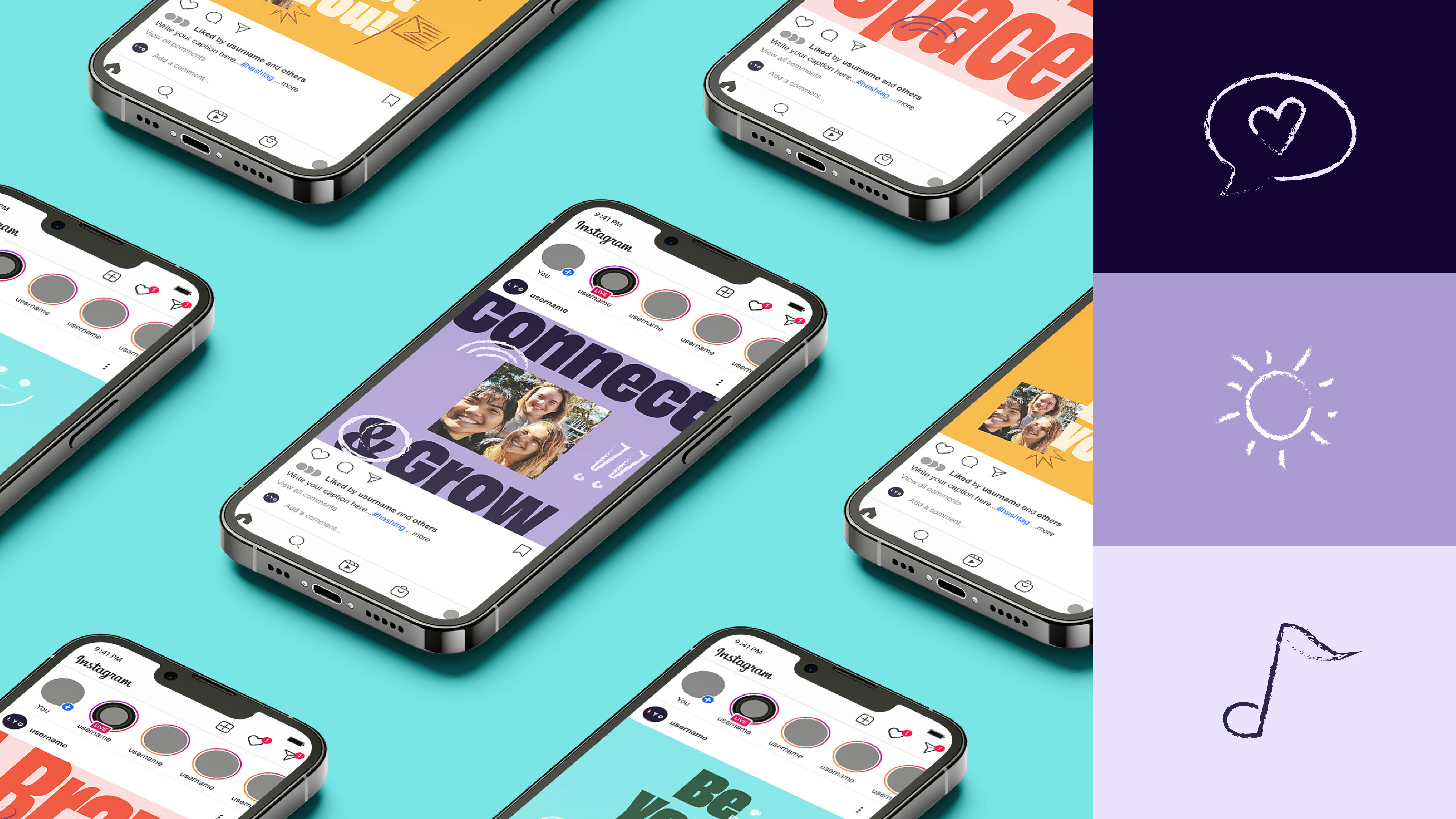 Several smartphones display colorful social media posts with positive phrases like “Connect & Grow.” To the right, three purple squares feature simple hand-drawn icons: a heart, a sun, and a music note.