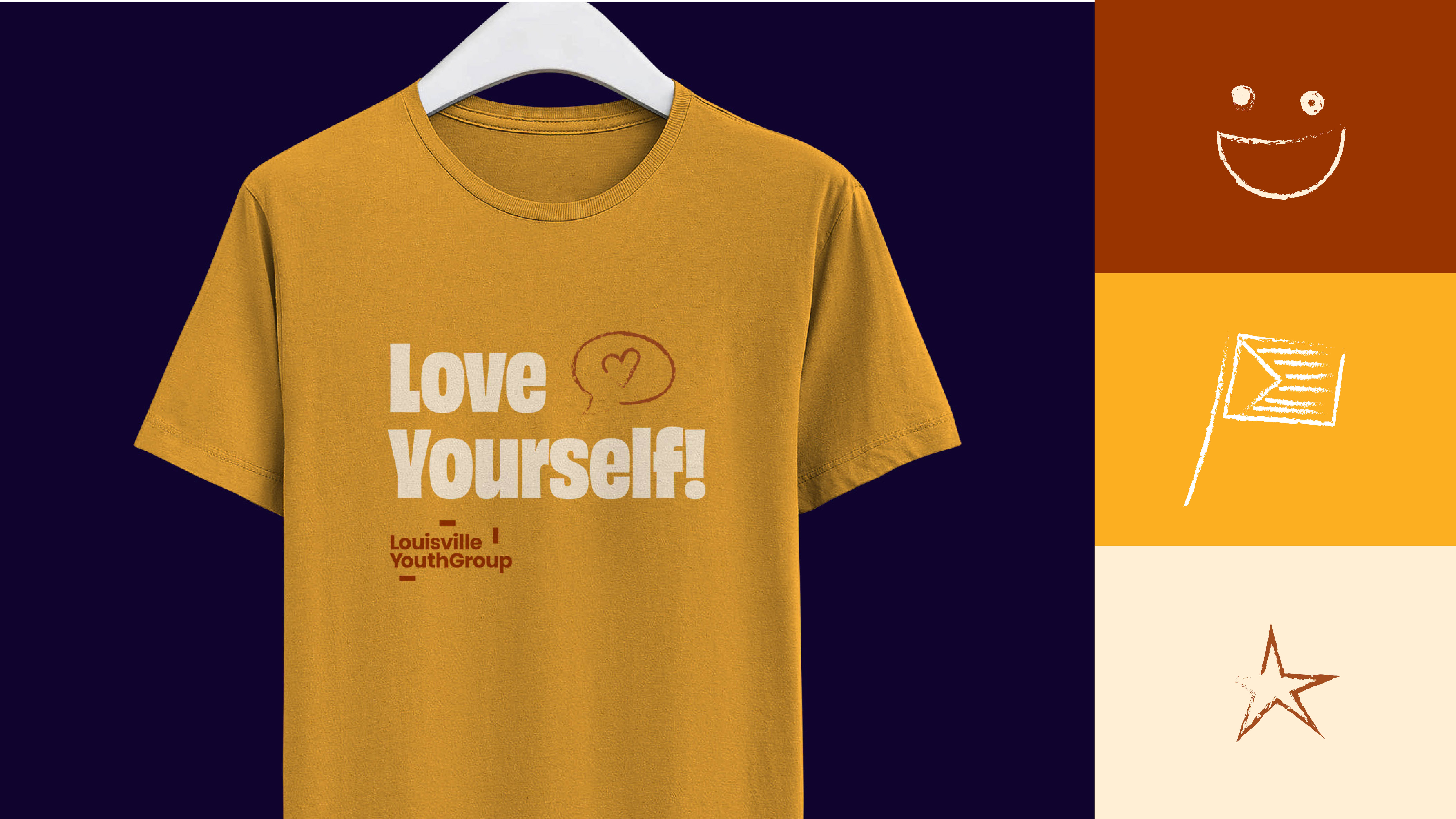A mustard yellow T-shirt on a white hanger reads Love Yourself! with a small heart and Louisville Youth Group below. Next to it are three colored blocks with simple sketches: a smiley face, a flag, and a star.