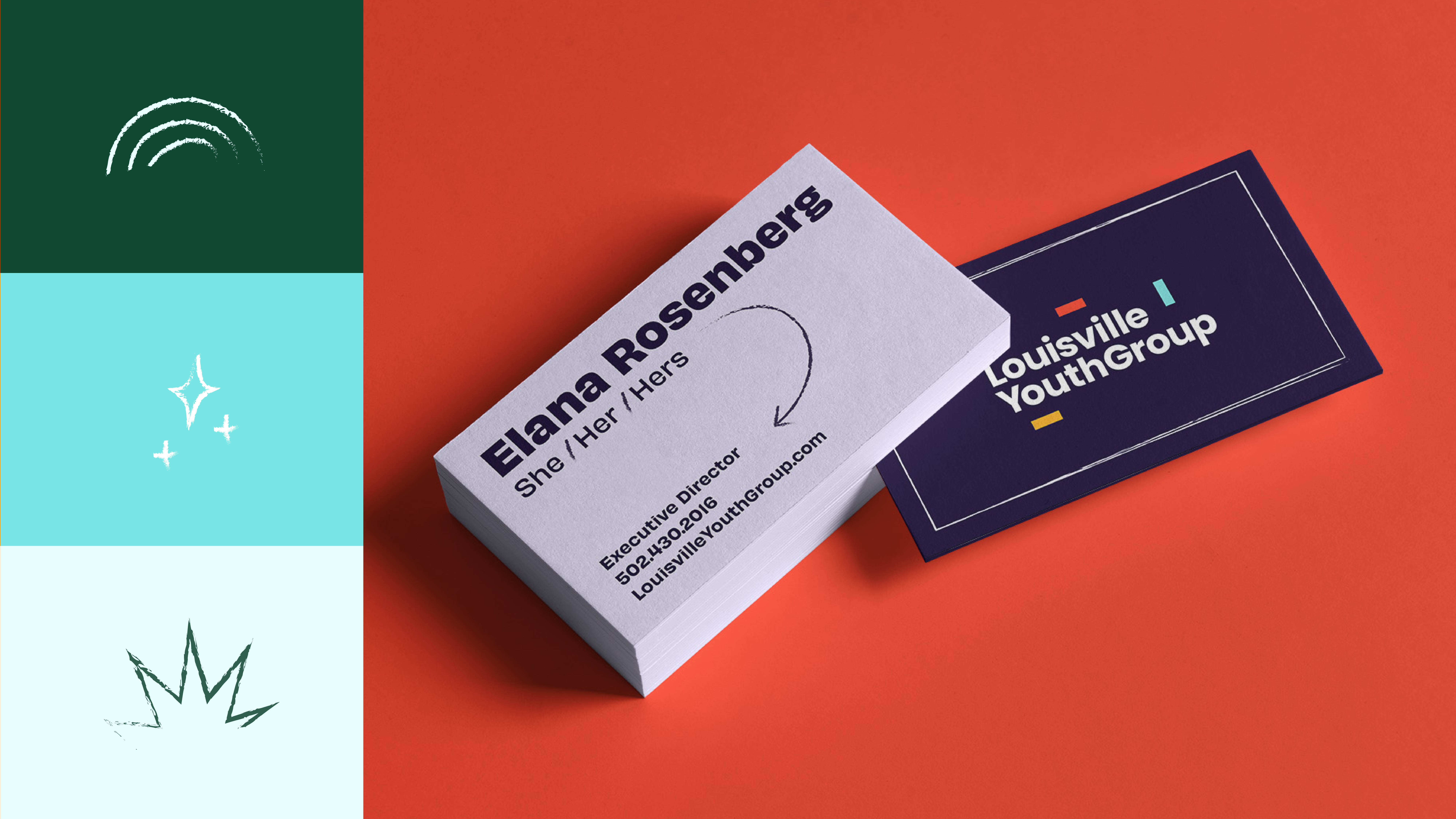 A stack of business cards on an orange surface, with the top card showing contact info for Elana Rosenberg of Louisville Youth Group. Beside it is a navy card with the Louisville Youth Group logo. Three colorful icons are on the left.