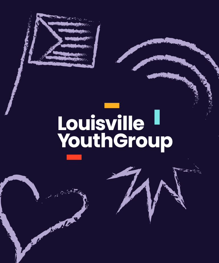 Louisville Youth Group logo with abstract chalk-style drawings of a flag, heart, signal lines, and a starburst on a dark background. Colored bars accent the groups name in white text.