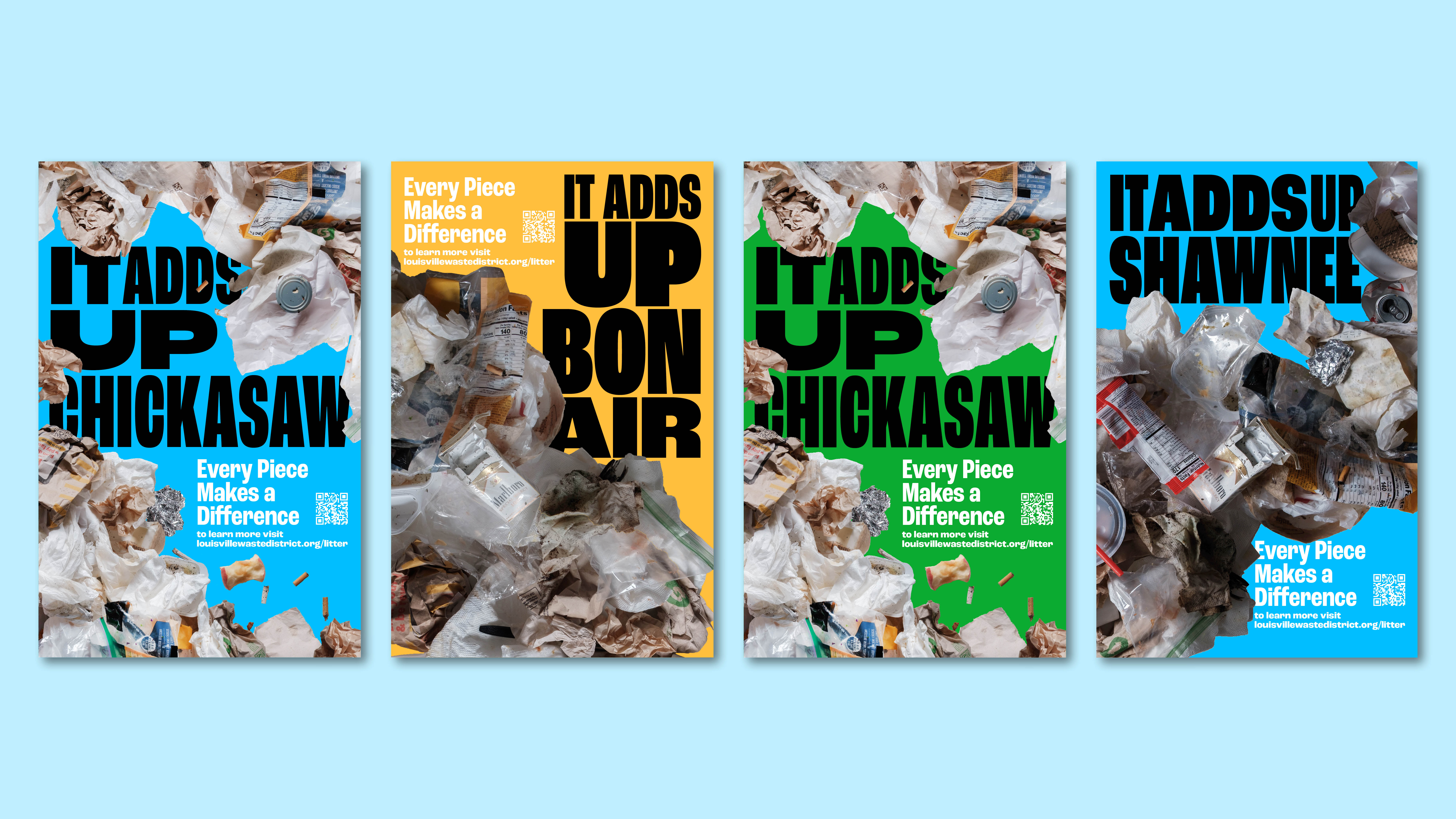Four posters with images of plastic and paper trash scattered on the ground. Each poster features bold text saying “It Adds Up” with different place names: Chickasaw, Bon Air, Chickasaw, and Shawnee.