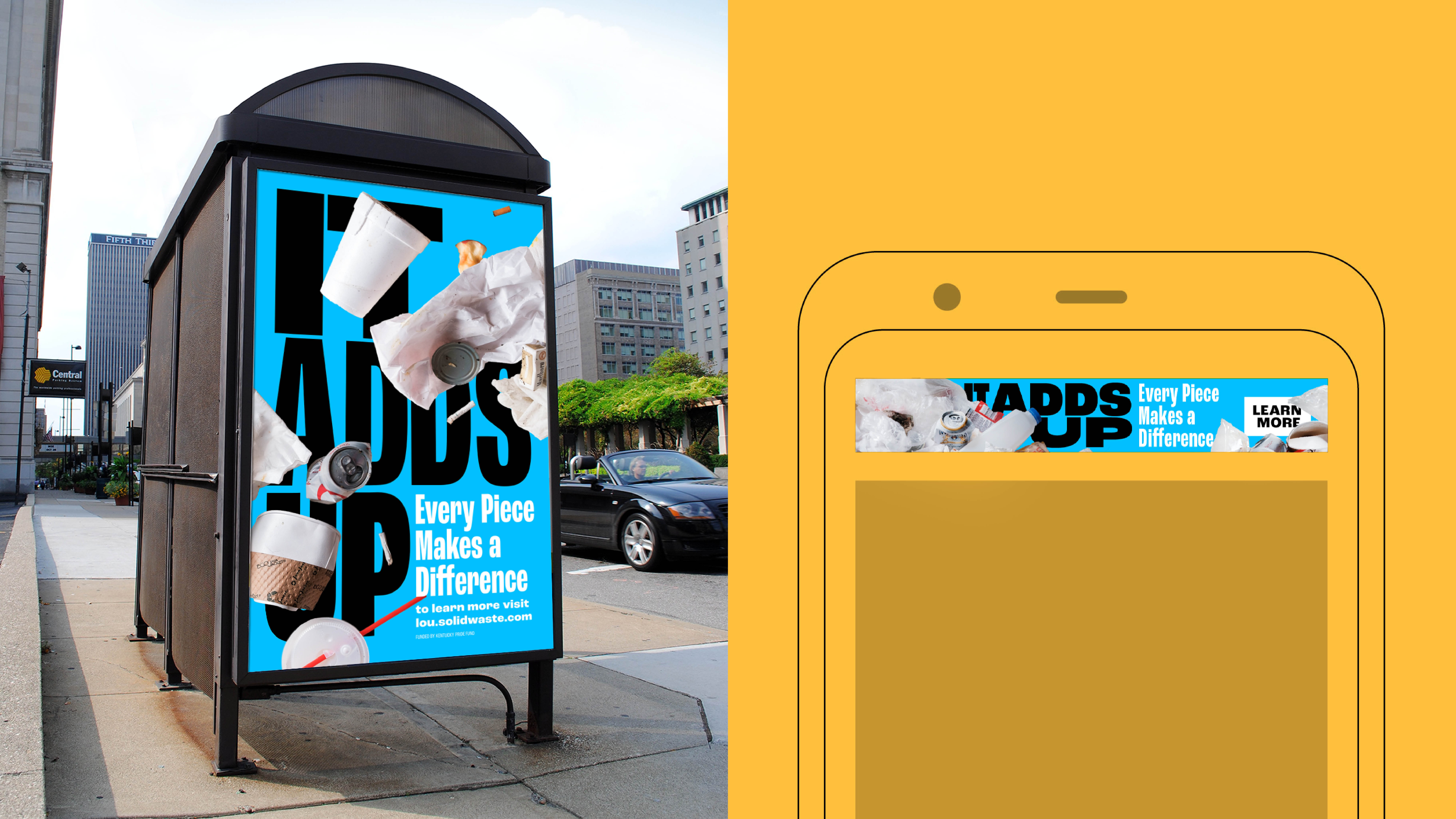 A bus stop ad with floating trash, coffee cups, and napkins on a blue background reads, “Every Piece Makes a Difference.” The right shows a digital version of the ad on a mobile screen.