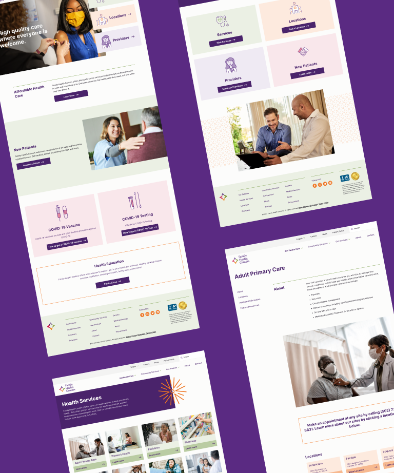 A collage of four healthcare website pages on a purple background, showing sections for services, new patients, health education, and adult primary care, with images of diverse people and informative icons.