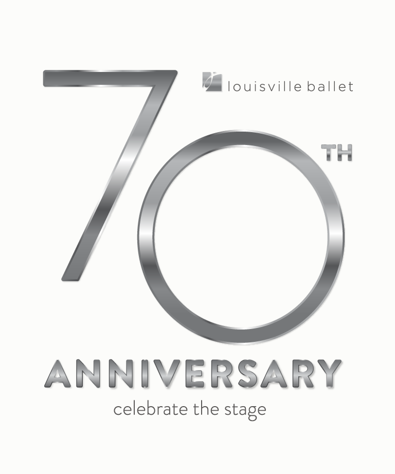 Silver text logo for Louisville Ballet’s 70th anniversary, with “70TH” in large numbers and letters, “ANNIVERSARY” below it, and “celebrate the stage” at the bottom.