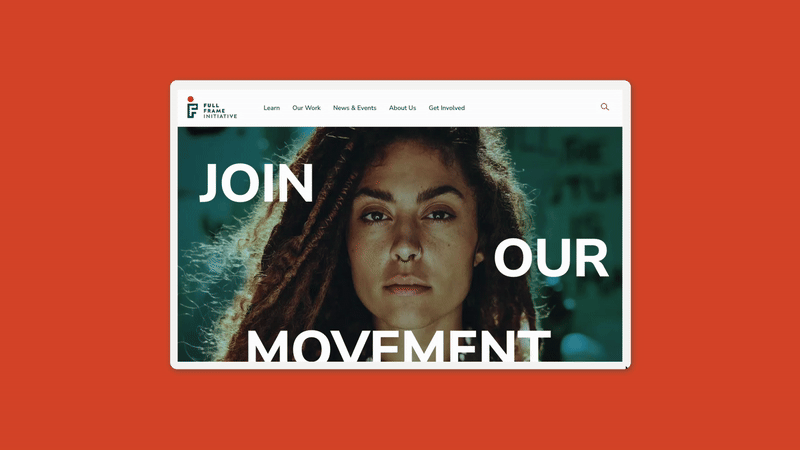 A website homepage displays a woman’s face with the words “JOIN OUR MOVEMENT” in bold white letters overlaid. The site header includes navigation links and a logo, all set against a solid red background.