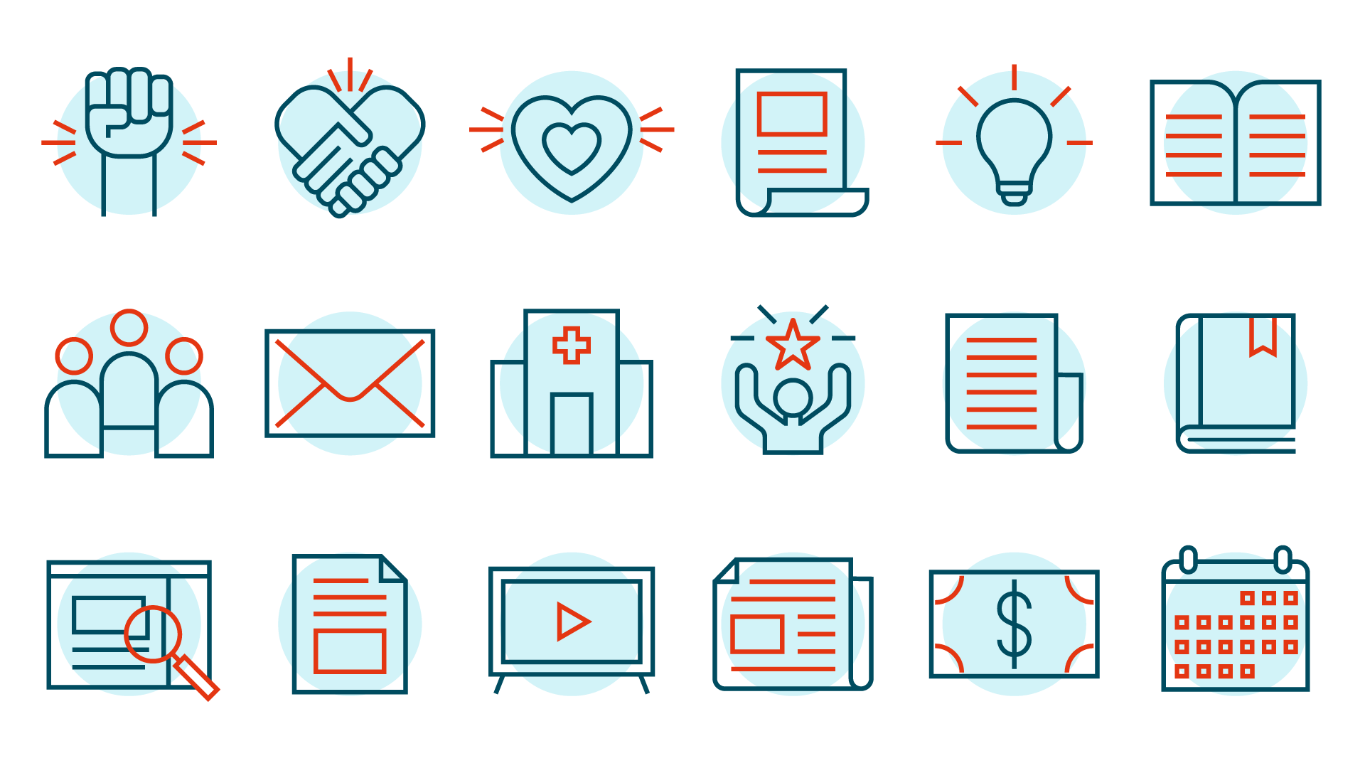A set of 20 blue and red outlined icons, including a fist, handshake, heart, documents, lightbulb, people in a circle, envelope, hospital, star, magnifying glass, video play button, dollar sign, and calendar.