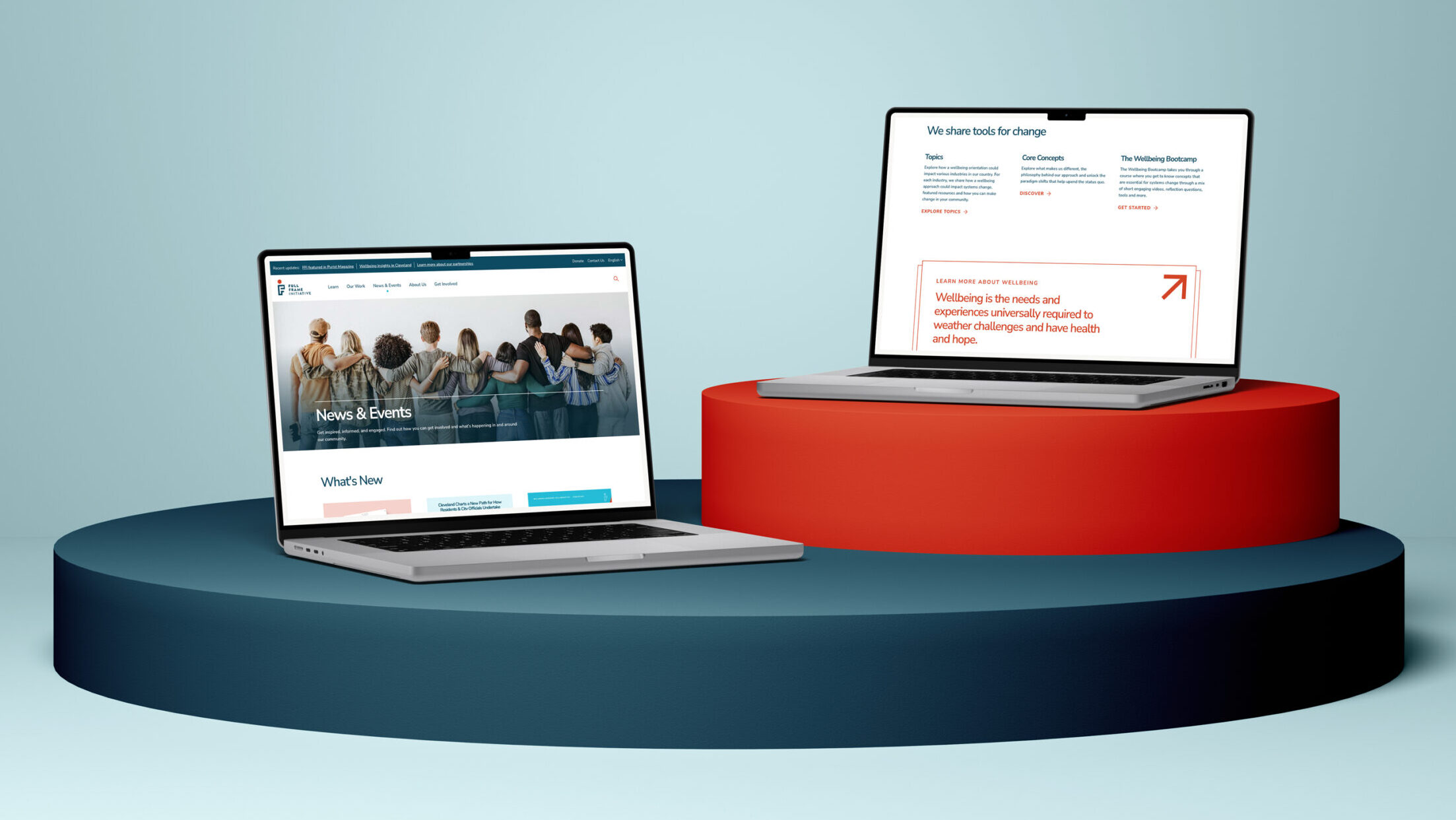 Two open laptops are displayed on circular platforms, one blue and one red. The left laptop shows a website with a group photo and News & Events. The right laptop displays text with a large red arrow.