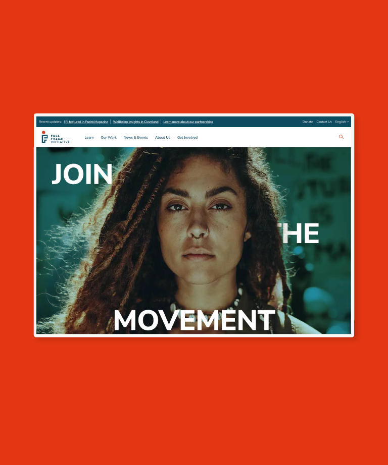 A website homepage features a person with long, curly hair looking directly at the camera. The text JOIN THE MOVEMENT is partially shown over their face. The background and website border are red.