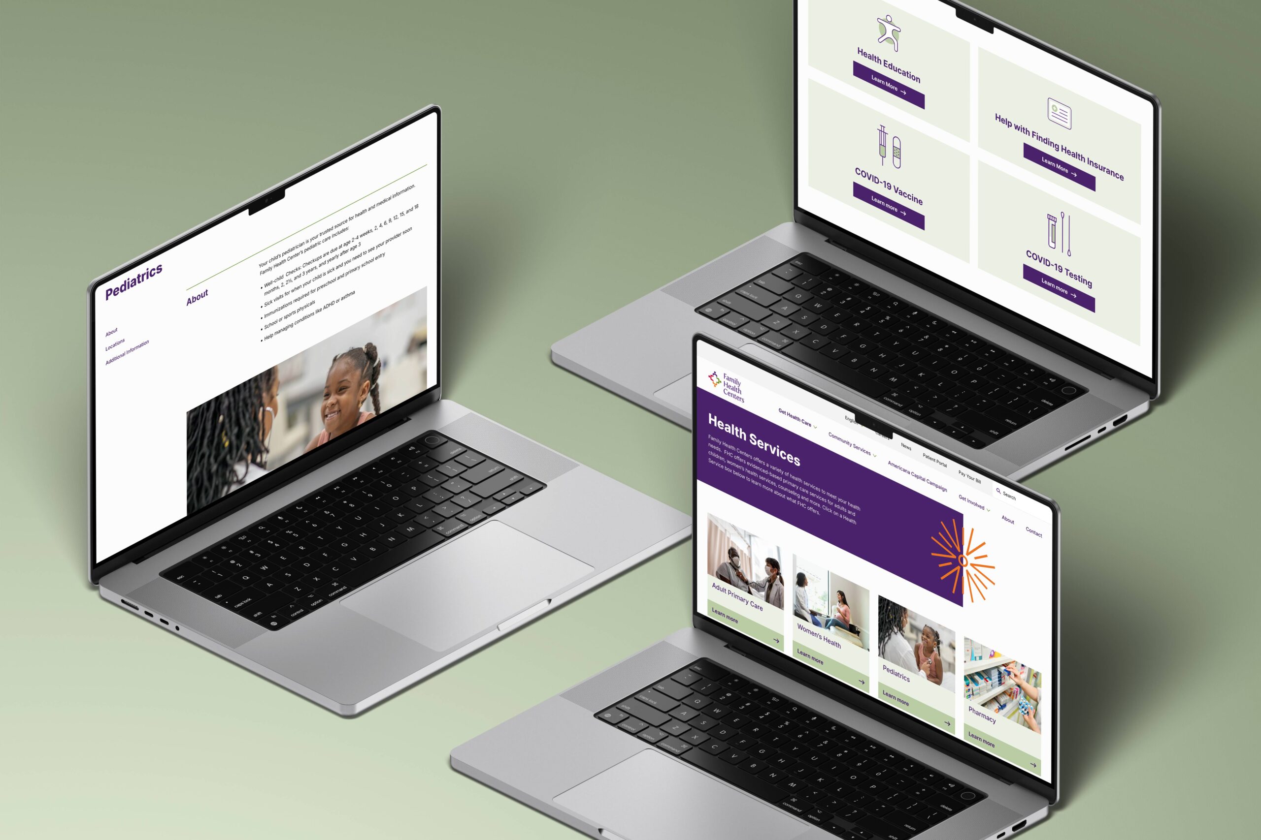 Three open laptops are displayed on a green gradient surface, each showing different pages of a healthcare-related website with sections for pediatrics, health services, and navigational menus in purple and white.