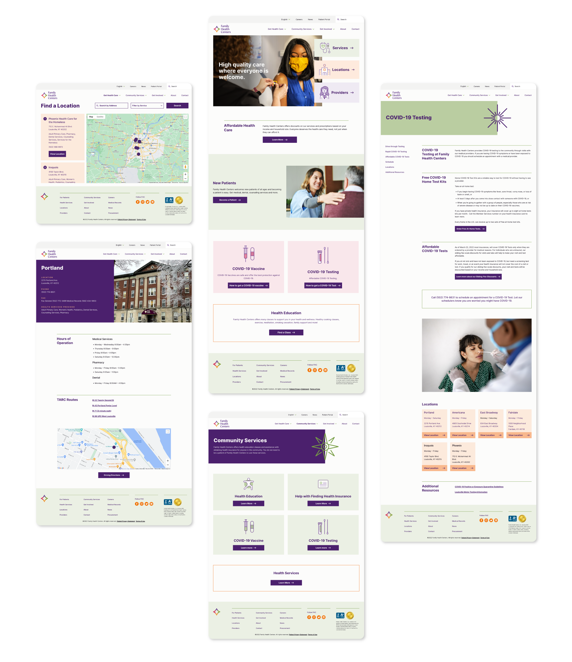 Six webpage screenshots from a health services website show sections for finding locations, COVID-19 testing, patient education, Portland facilities, and community services, featuring maps, photos, text, and navigation menus.
