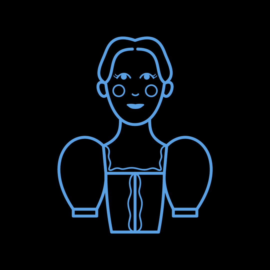 A simple blue line drawing of a woman with short hair, puffed sleeves, and a square neckline dress, shown from the waist up, on a black background.