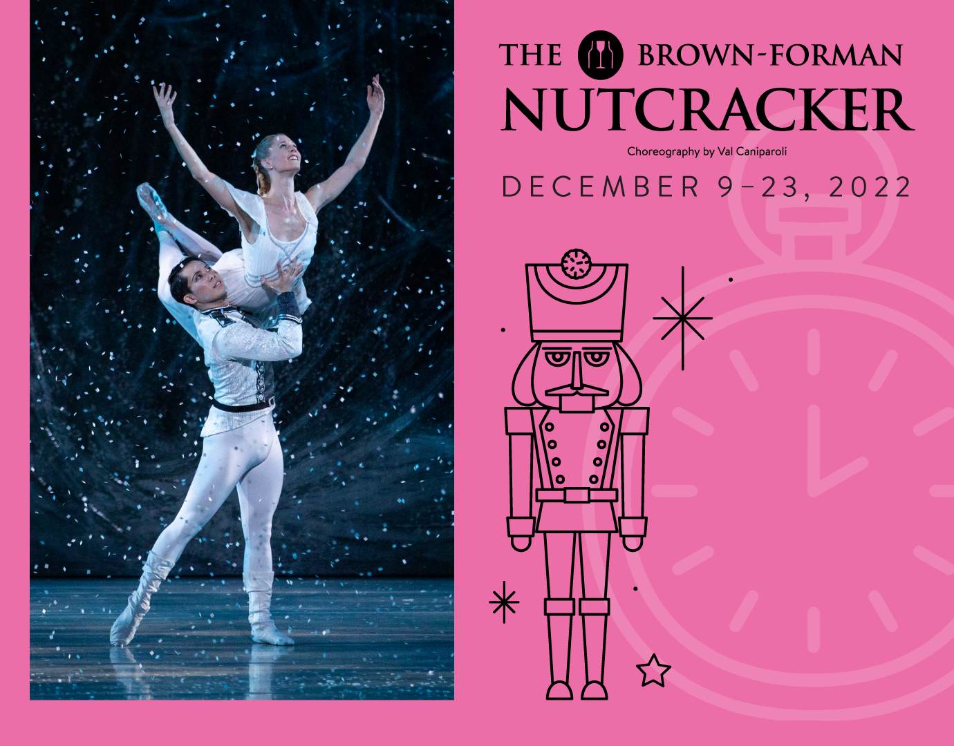 Ballet dancers perform a snow scene from The Nutcracker, with a male dancer lifting a female dancer. To the right, show details for the Brown-Forman Nutcracker, December 9–23, 2022, with a pink background and Nutcracker illustration.