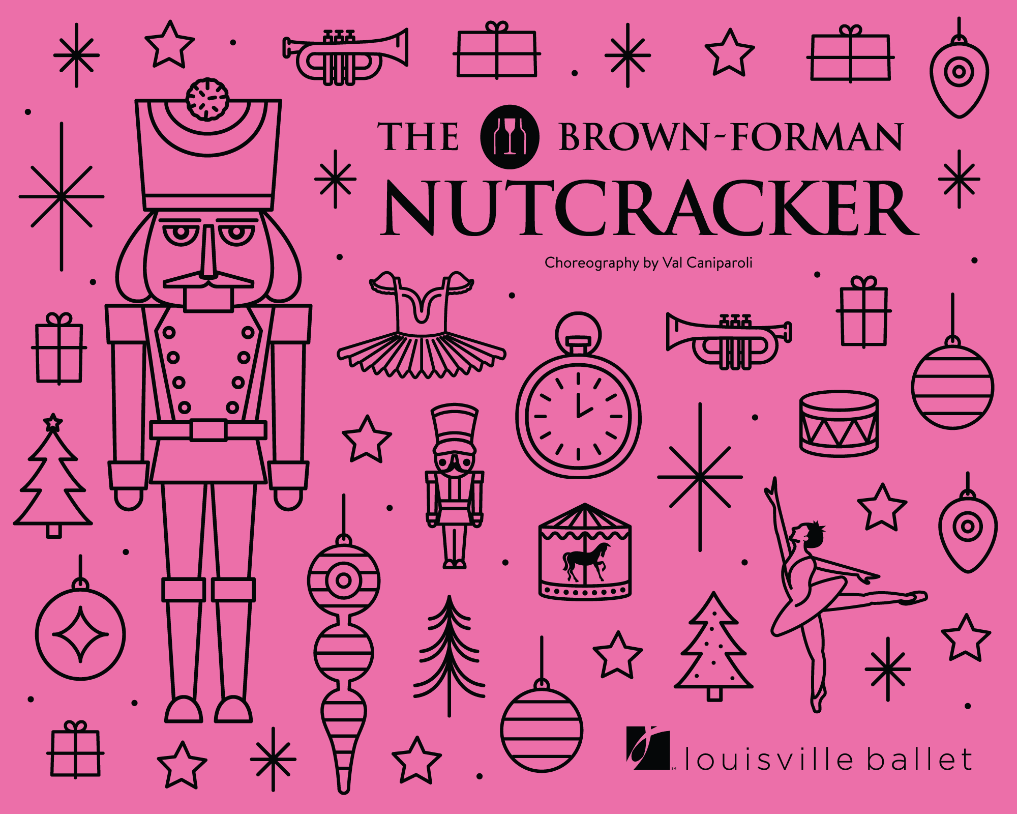 A pink poster for the Louisville Ballets The Brown-Forman Nutcracker, with black line-art drawings of a nutcracker, ballerinas, gifts, drums, stars, and ornaments.