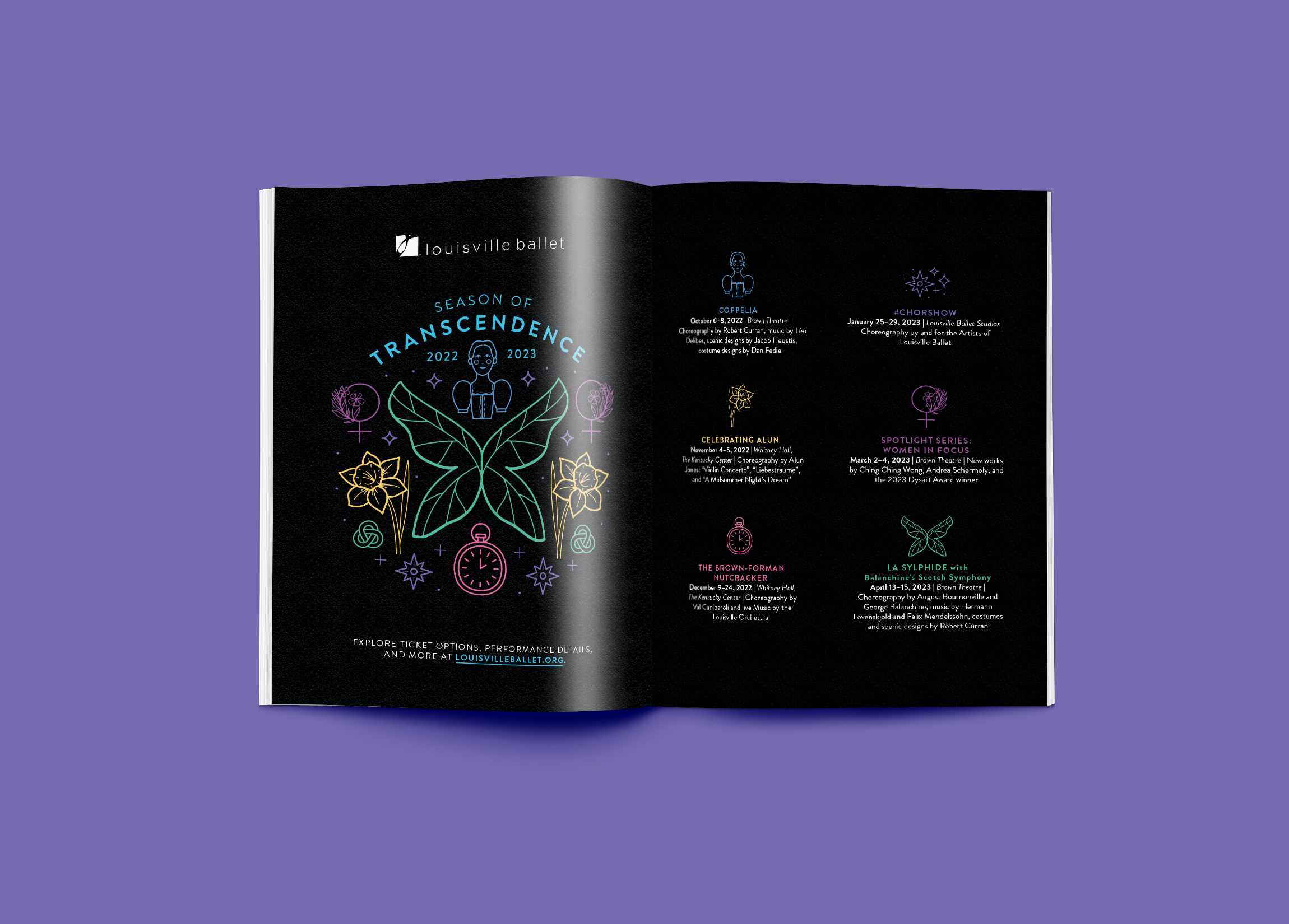 An open magazine displays a Louisville Ballet “Season of Transcendence” 2022-2023 page, featuring neon-style outline graphics of flowers, ballet figures, butterflies, and event details on a black background.