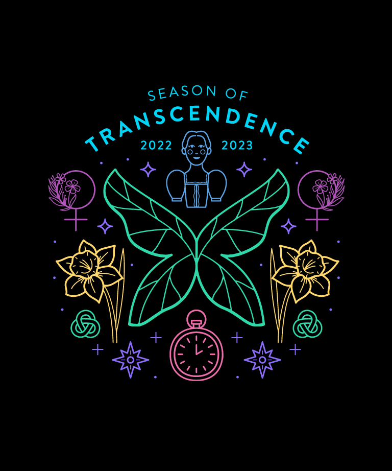 Stylized artwork of a butterfly surrounded by daffodils, a pocket watch, stars, flowers, and symbols. At the top, Season of Transcendence 2022–2023 and a person with boxing gloves are illustrated.
