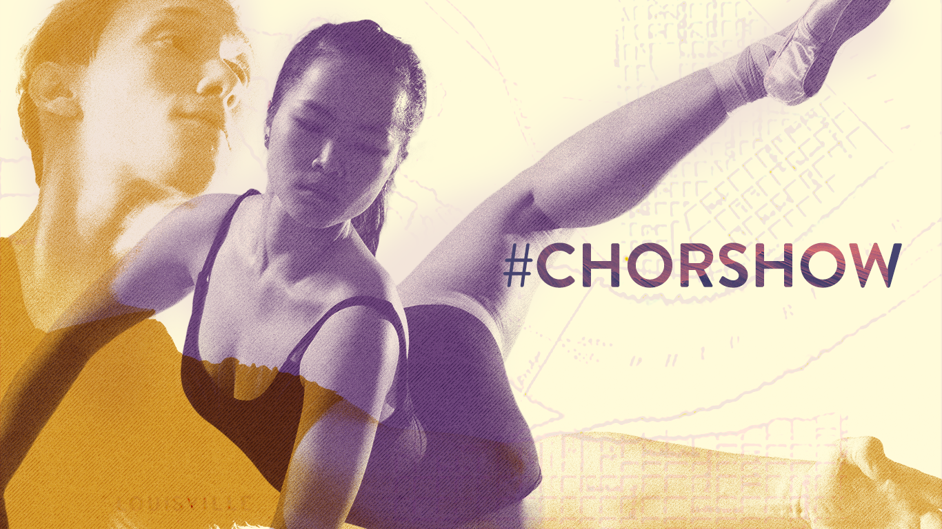 Artistic image featuring two ballet dancers in leotards performing expressive poses, overlaid with the hashtag #CHORSHOW in large text. The background has abstract, textured patterns in warm tones.