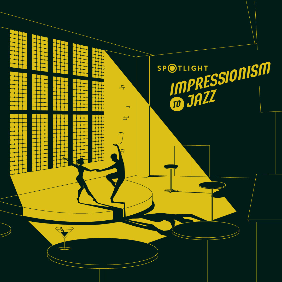Two silhouetted dancers perform on a round stage under a spotlight in a modern jazz club. Large windows and tables are visible. Text on the wall reads, Spotlight Impressionism to Jazz.