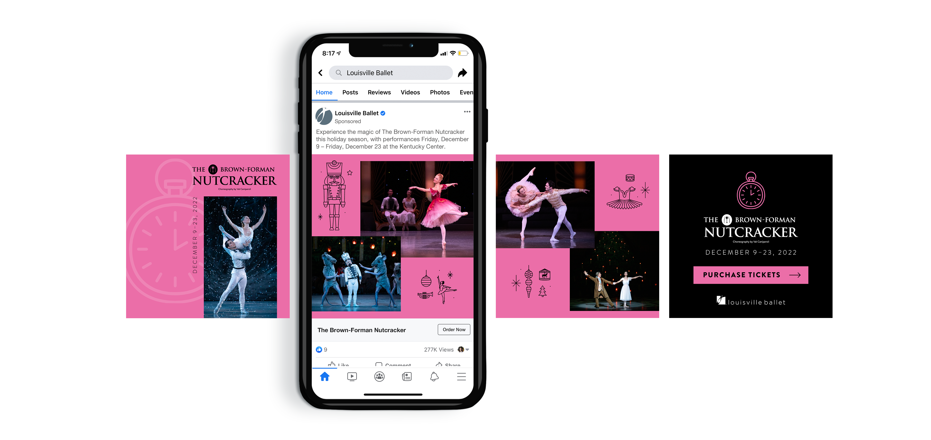 A smartphone displays a Facebook post about the Louisville Ballets Nutcracker. Surrounding graphics show ballet dancers and event details on a pink background with festive icons and text promoting ticket purchases.