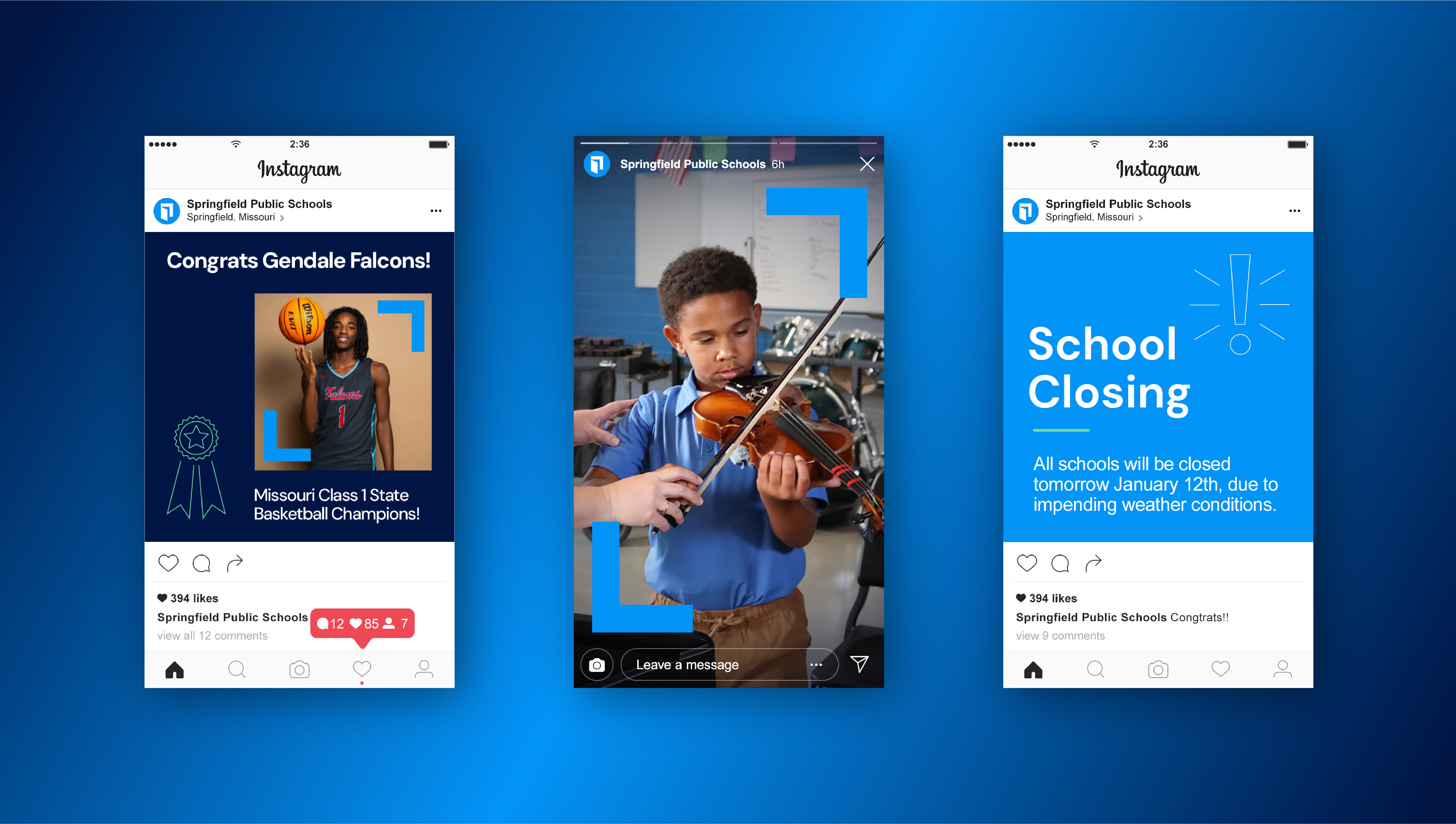 Three Instagram posts: left shows a student with a basketball trophy, center shows a boy playing violin, right announces school closing due to weather. All posts have Springfield Public Schools branding on a blue gradient background.