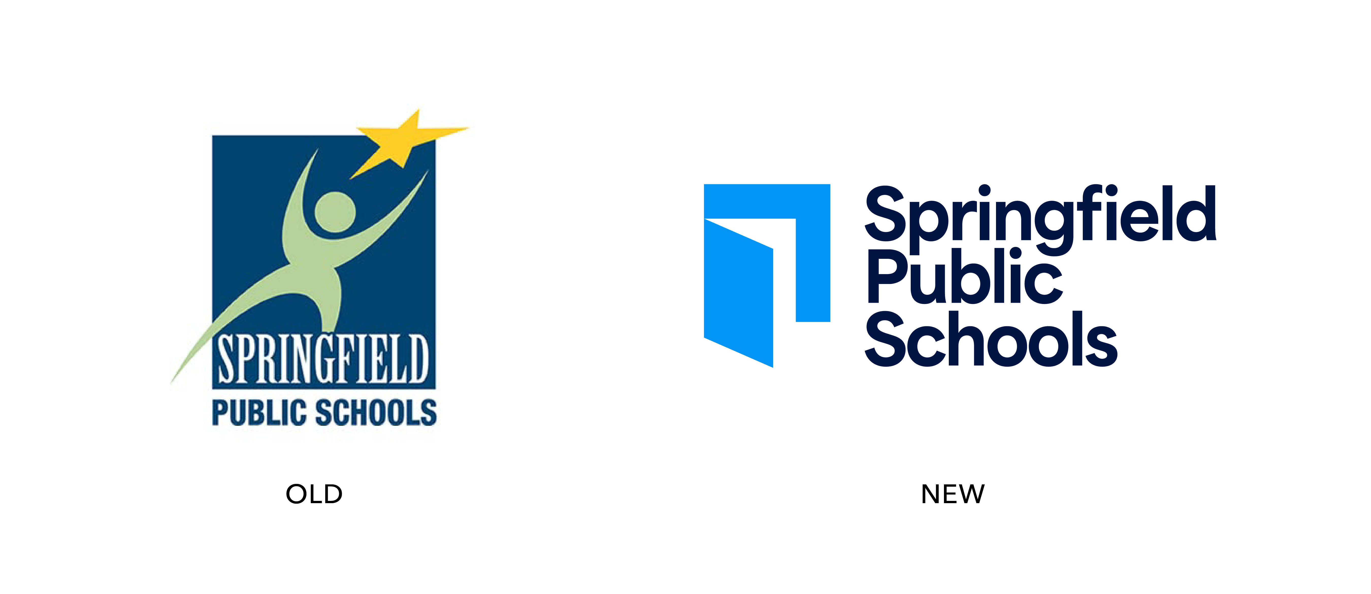 Two logos for Springfield Public Schools: the old logo features a stylized person reaching for a yellow star; the new logo is blue with a geometric design and bold text reading Springfield Public Schools.