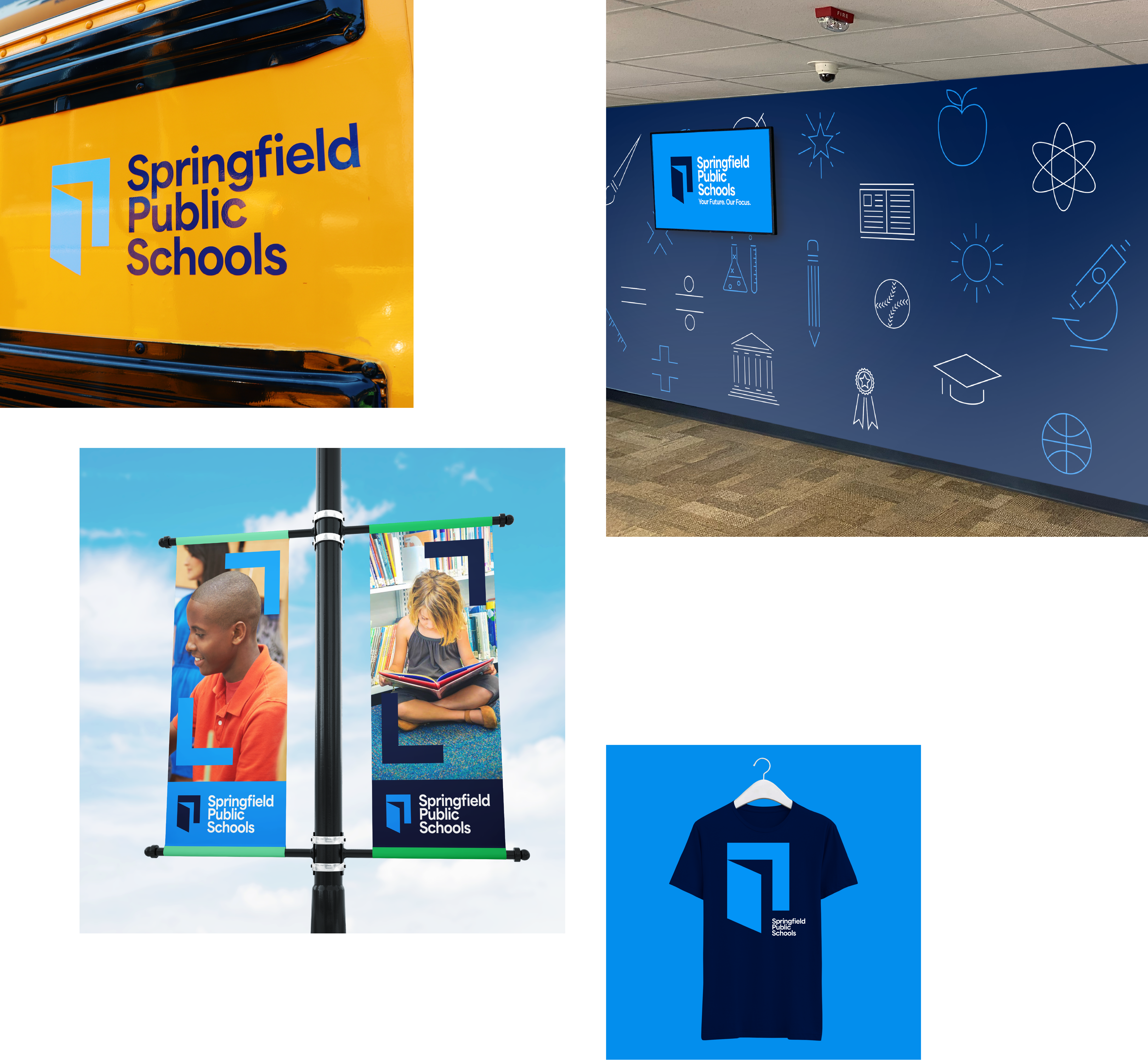 A collage shows Springfield Public Schools branding on a school bus, a classroom wall, outdoor banners with students, and a blue T-shirt, all featuring the schools blue and yellow logo and educational-themed graphics.