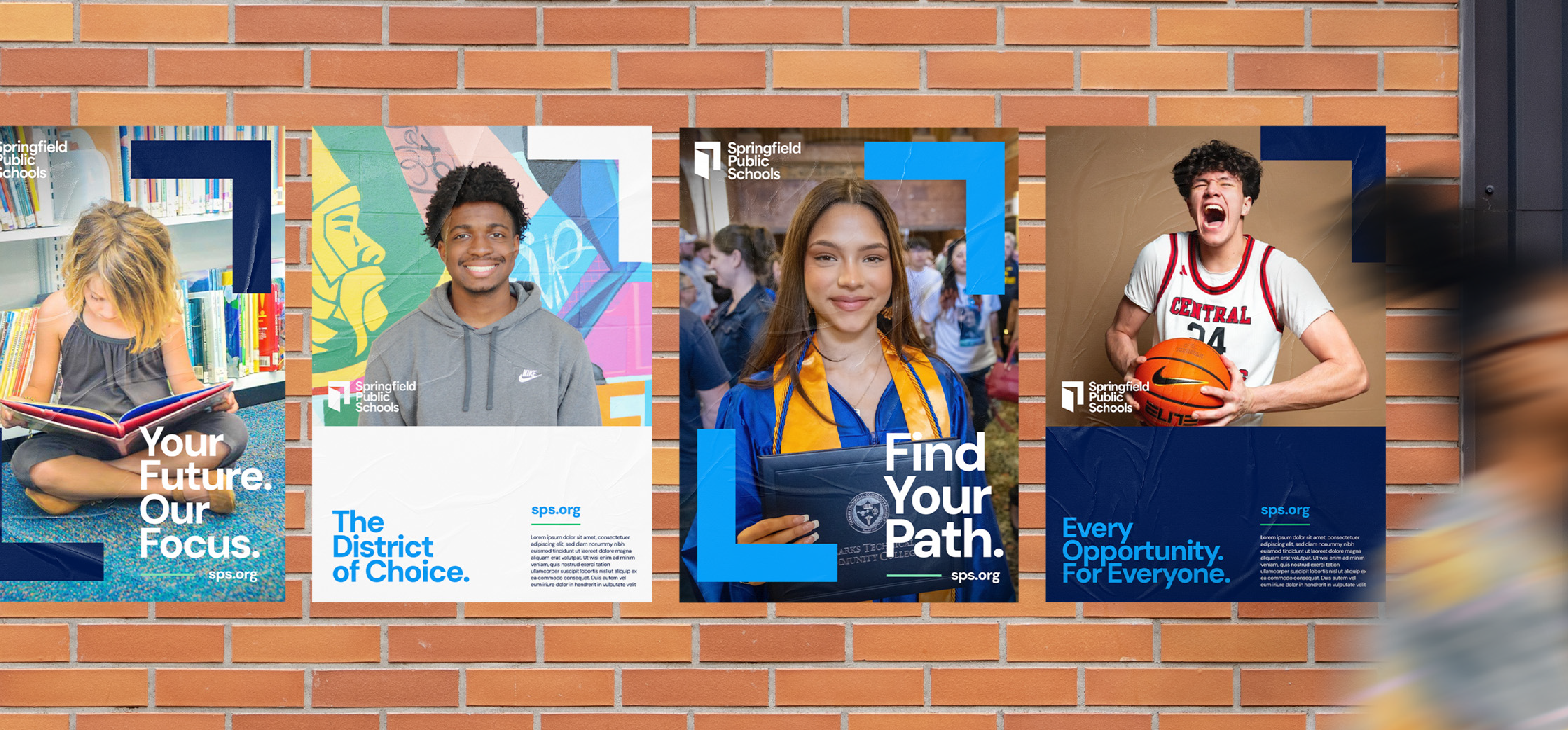 Four posters on a brick wall show diverse students reading, smiling, holding a diploma, and playing basketball, with encouraging messages about education and the Springfield Public Schools logo.