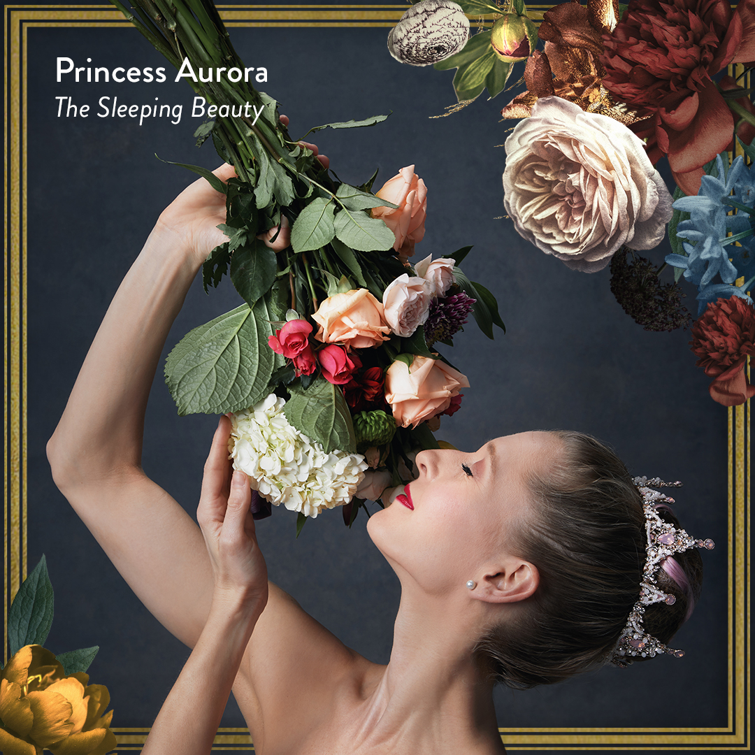 A ballerina in a tiara holds a bouquet of colorful flowers, lifting them gracefully. Text reads Princess Aurora, The Sleeping Beauty. Large flowers surround her on a dark background with a gold border.
