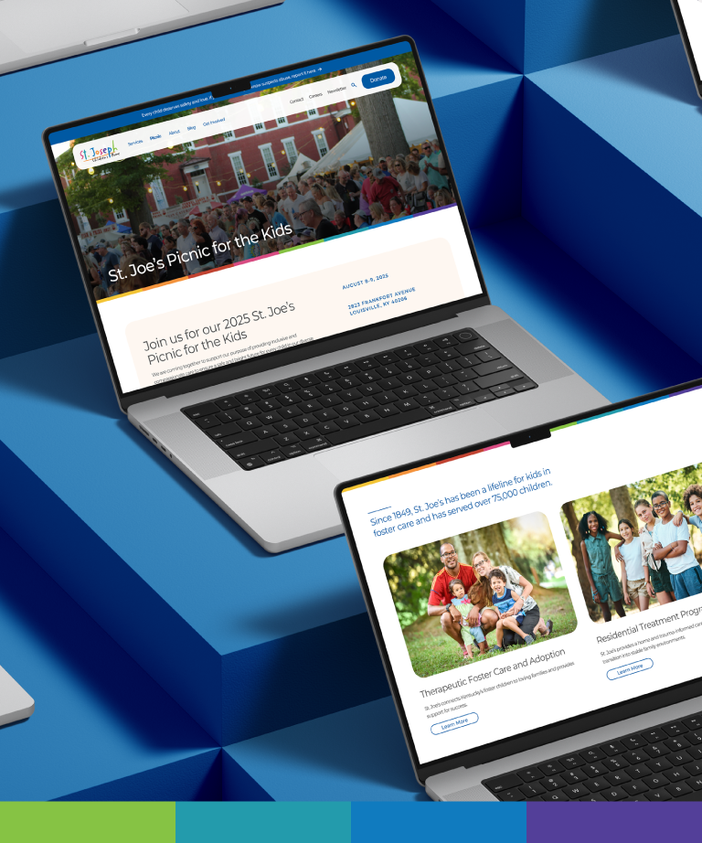 Laptops on a blue geometric surface display a website for St. Joes Picnic for the Kids, featuring event details, foster care, adoption, and treatment program information with photos of children and families.